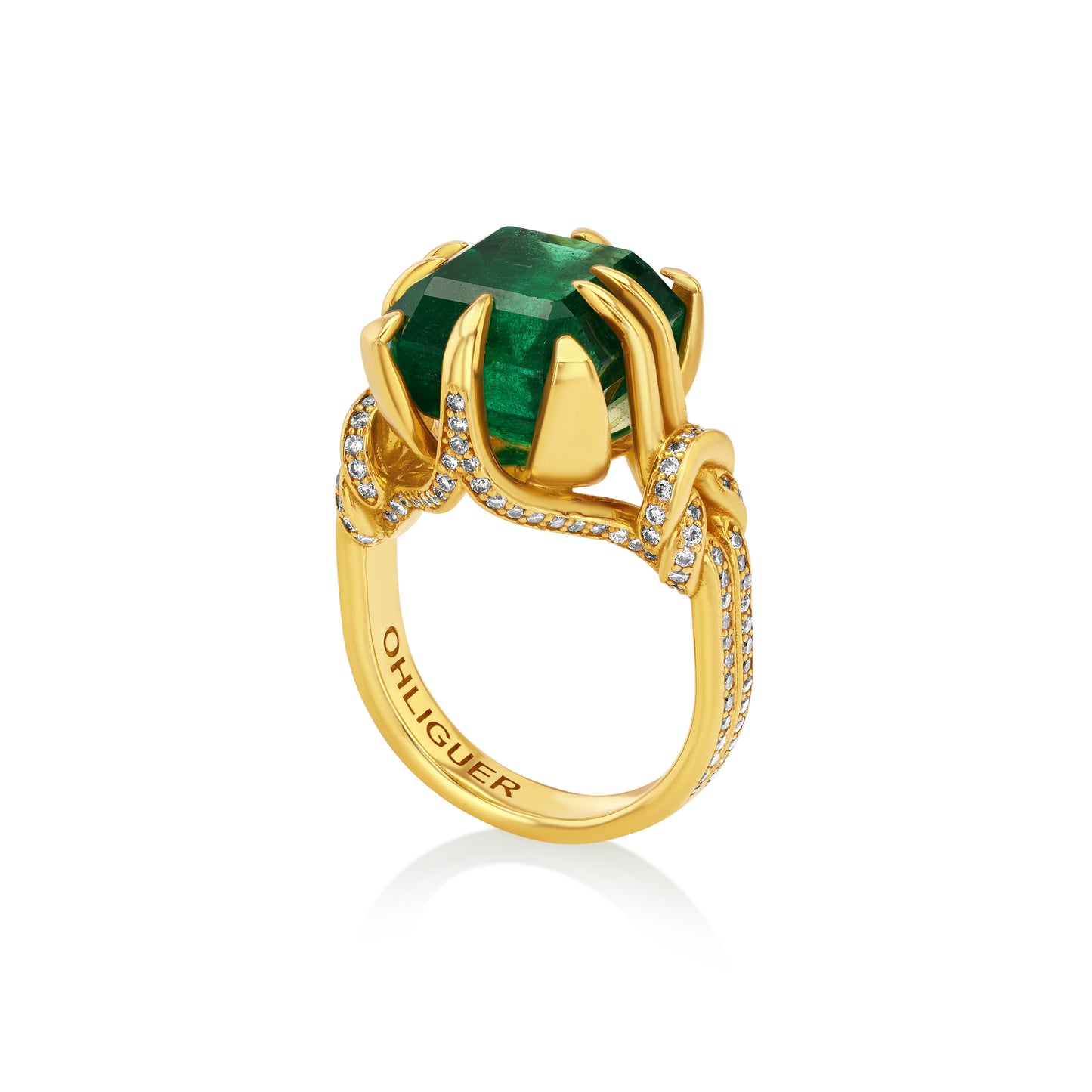 10ct Reef Knot Emerald ring with diamonds