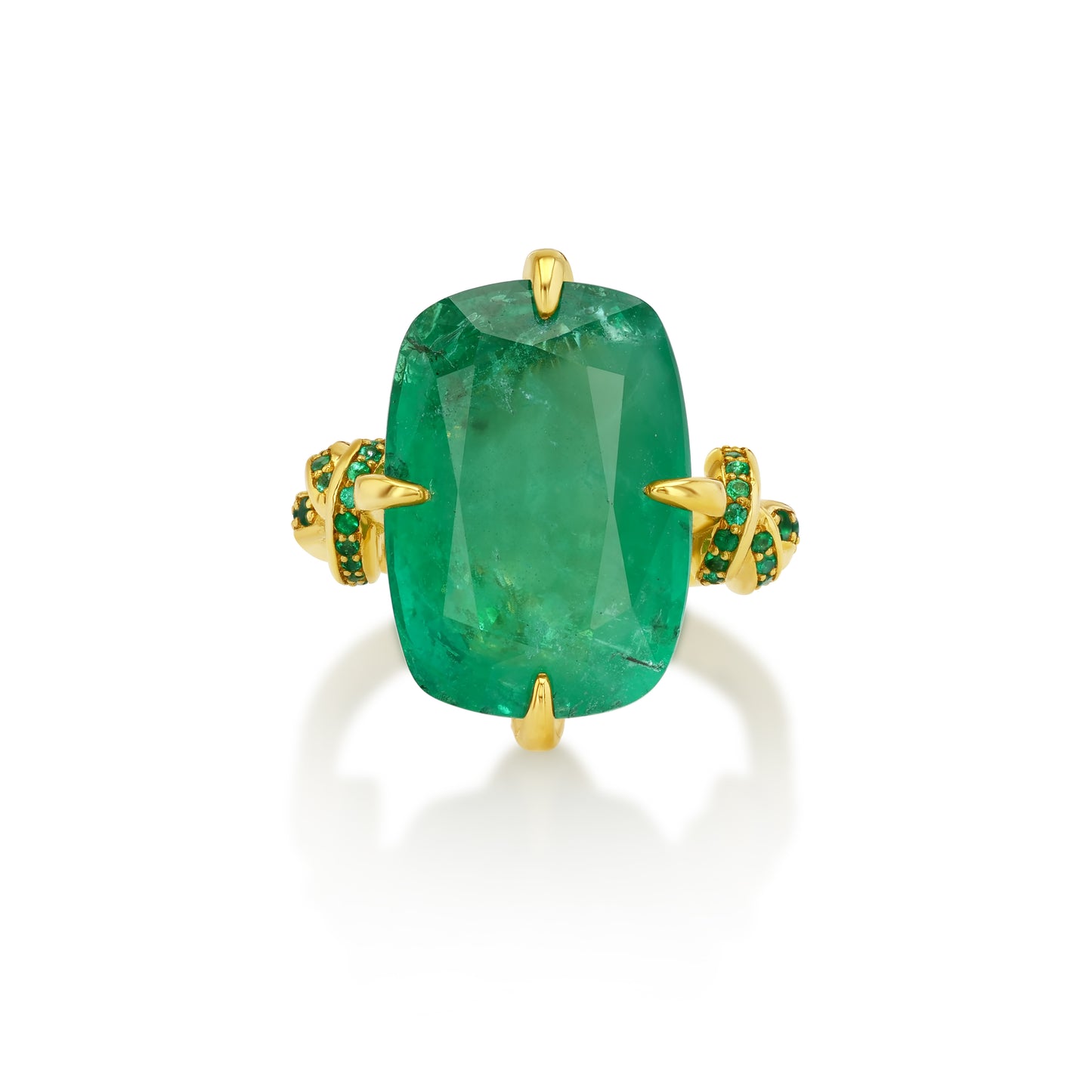 One Of A Kind 12.68ct Cushion Cut Emerald Forget Me Knot ring with emeralds