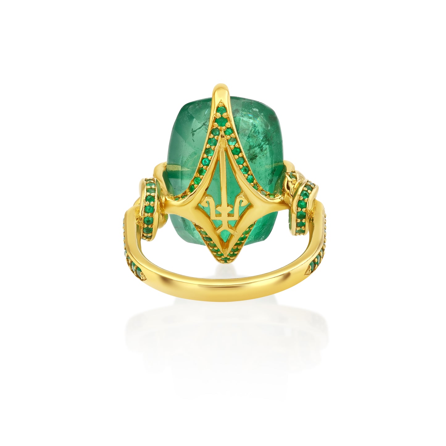 One Of A Kind 12.68ct Cushion Cut Emerald Forget Me Knot ring with emeralds