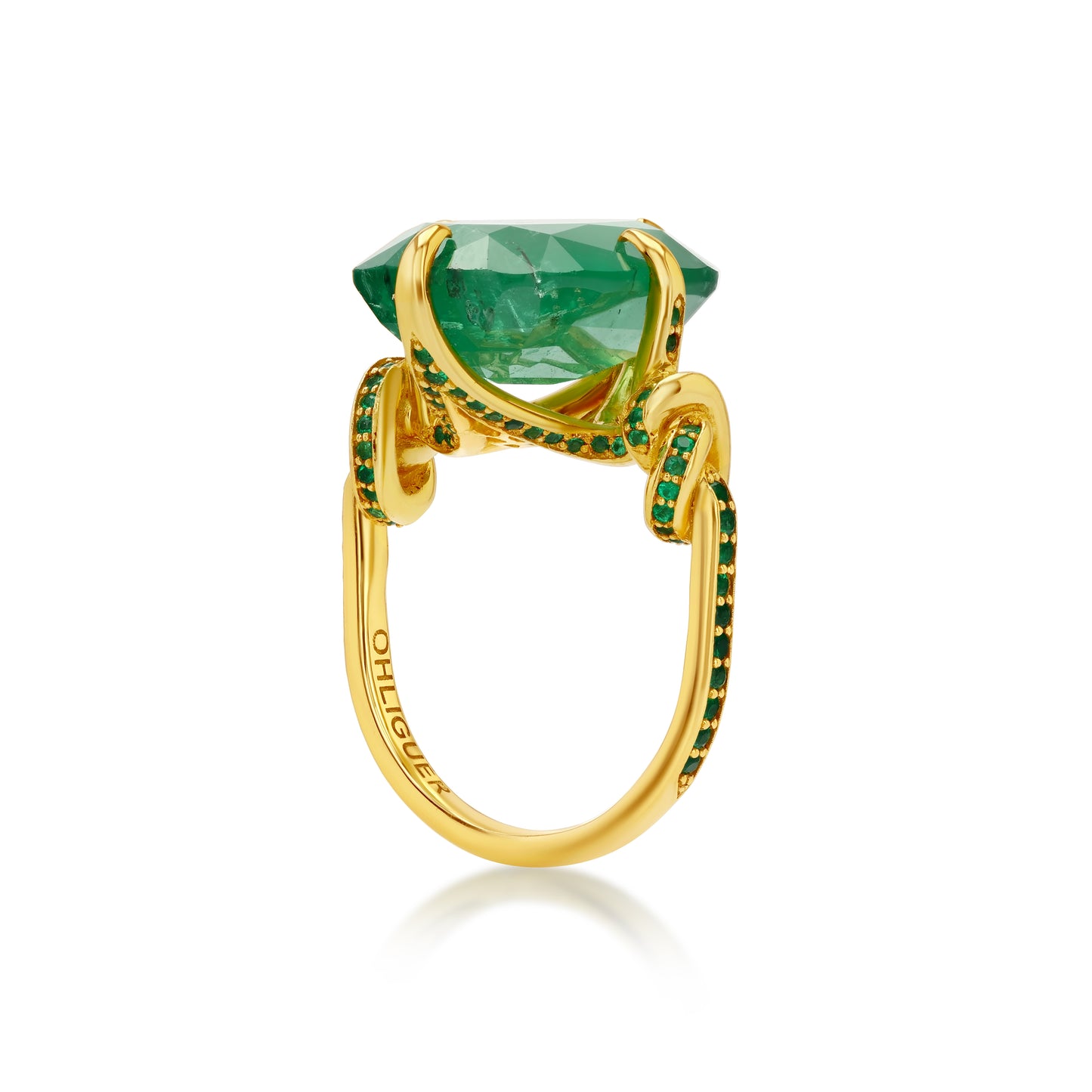One Of A Kind 12.68ct Cushion Cut Emerald Forget Me Knot ring with emeralds