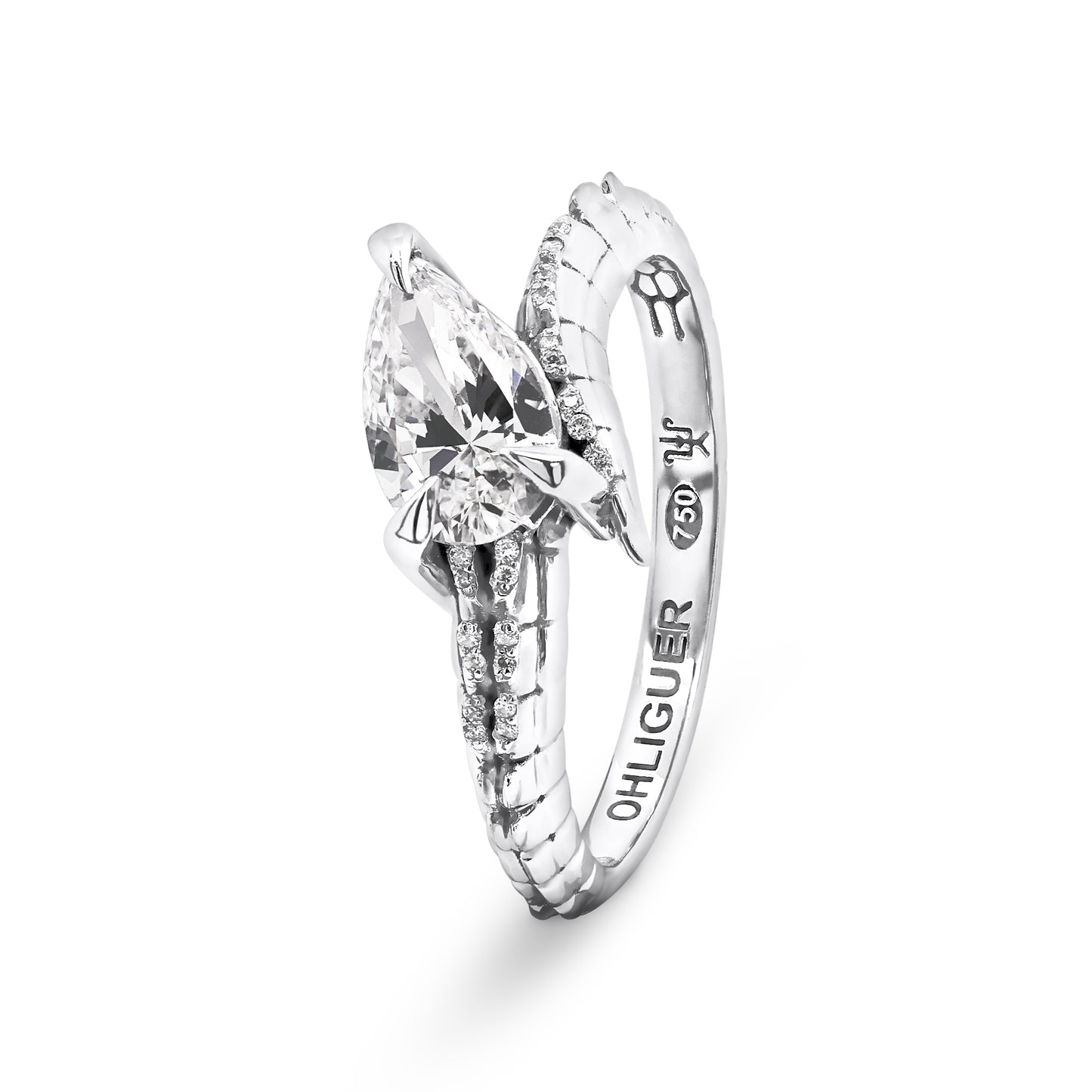 Croc Tail Ring with Pear Cut Diamond in 18ct White Gold