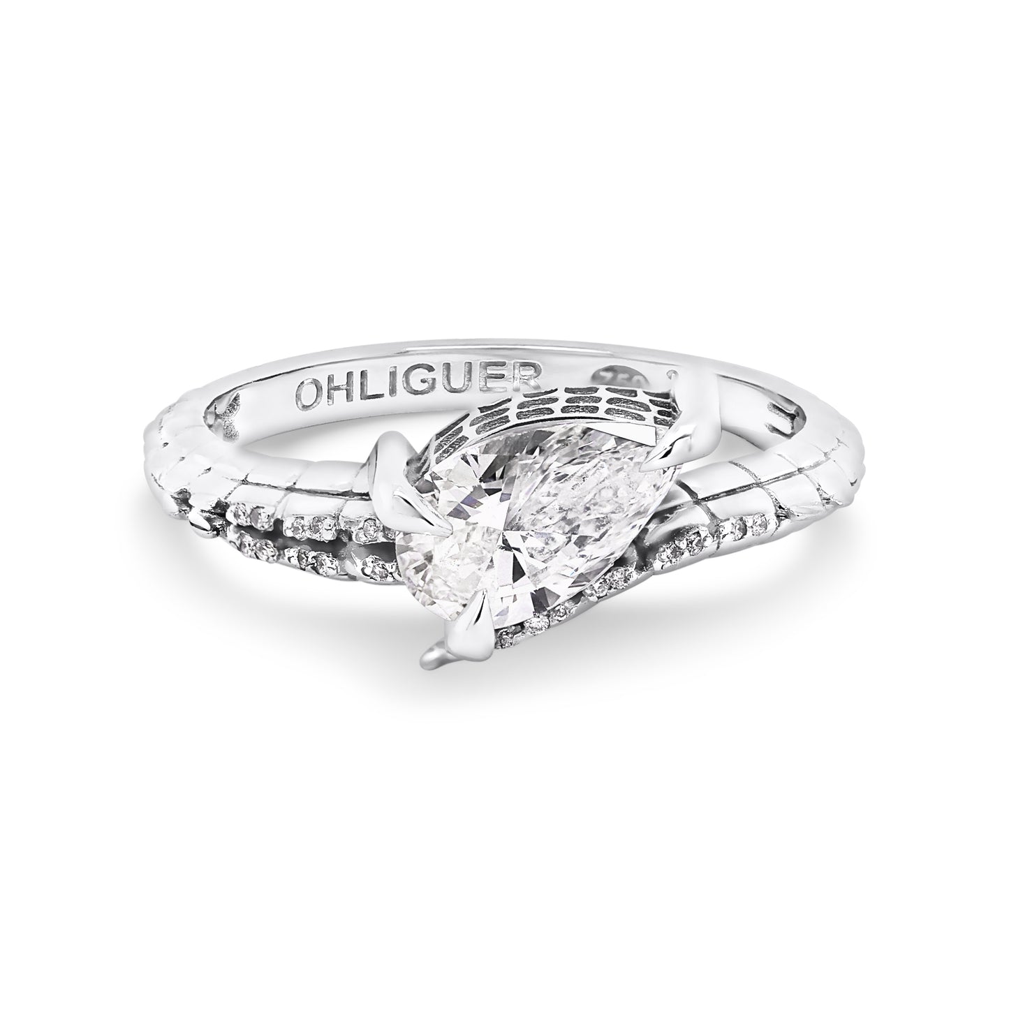 Croc Tail Ring with Pear Cut Diamond in 18ct White Gold