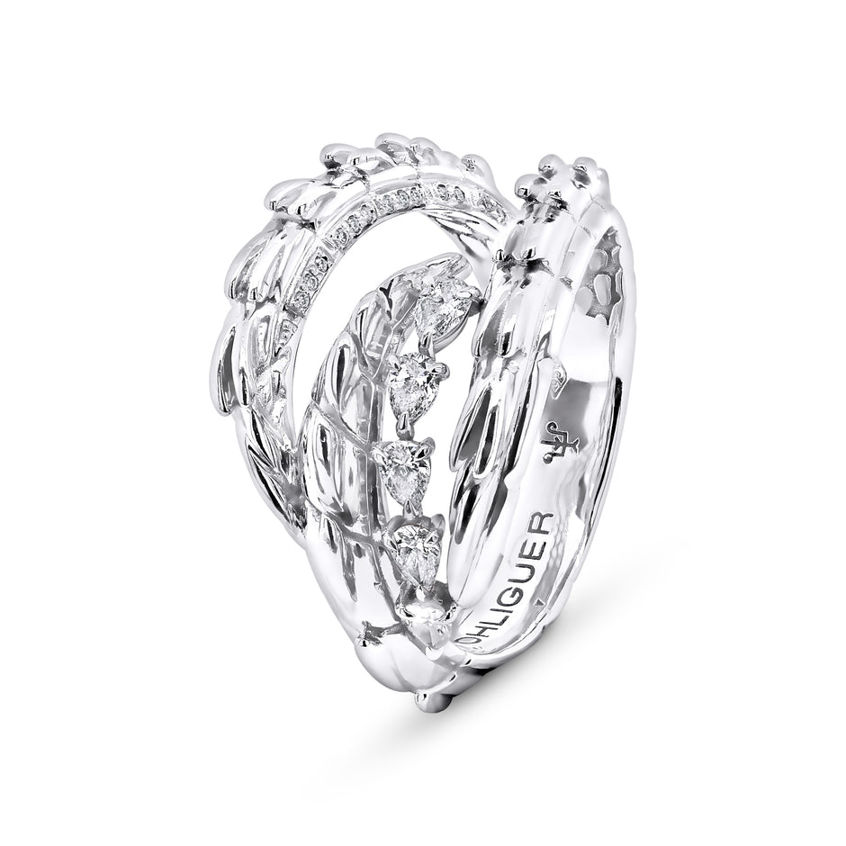 Tri Tail Croc Tail Ring with Pear Cut Diamonds in Platinum