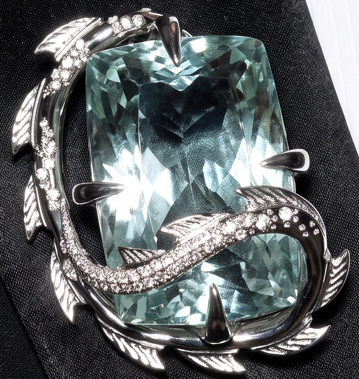 One of a Kind 30ct Aquamarine Croc Brooch Pendant in 18ct white gold