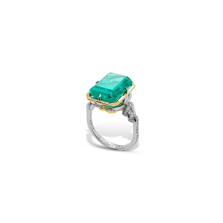 One of a Kind 8ct Forget Me Knot Emerald ring in 22ct Yellow Gold & Platinum