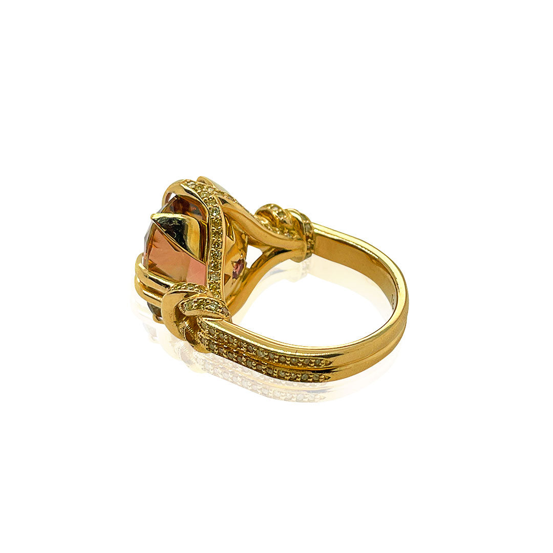 Reef Knot and Peach Tourmaline ring in 18ct Yellow Gold