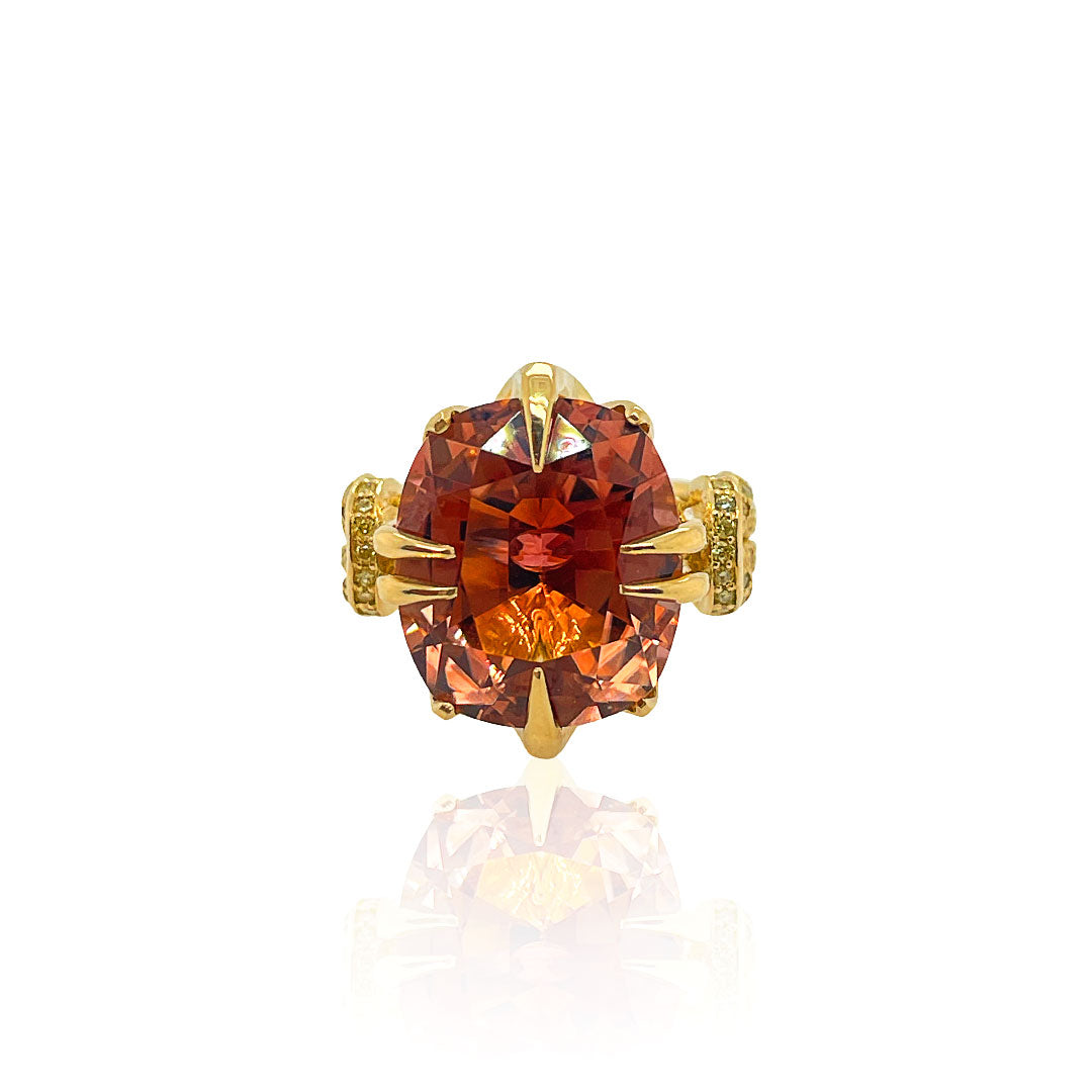 Reef Knot and Peach Tourmaline ring in 18ct Yellow Gold