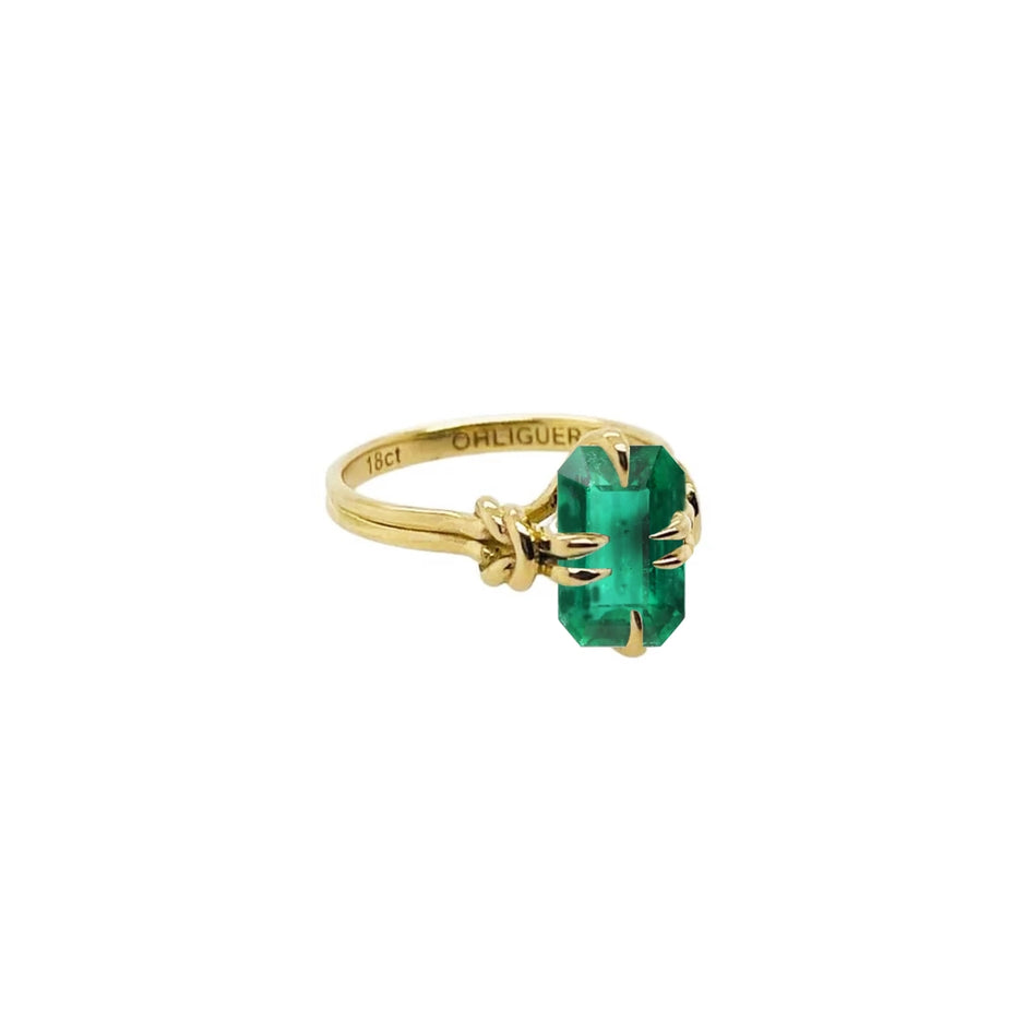 1ct Emerald Cut Emerald Reef Knot ring in 18ct Yellow Gold